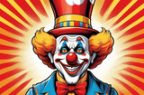 comic style image of a clown on colorful background, good for 1 april fool's day banner, space for text. High quality illustration
