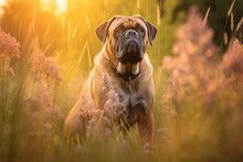 Bullmastiff Dog Sitting In Meadow Field Surrounded By Vibrant Wildflowers And Grass On Sunny Day Ai Generated