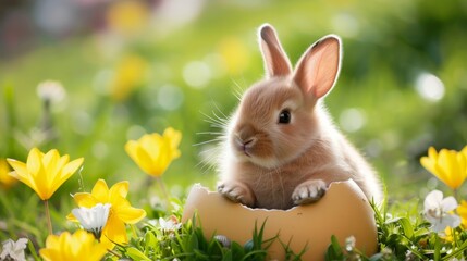 Wall Mural - Cute rabbit bunny sitting on the meadow next to colorful easter eggs