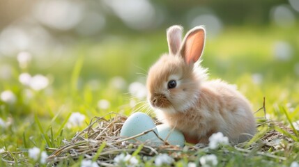 Wall Mural - Cute rabbit bunny sitting on the meadow next to colorful easter eggs