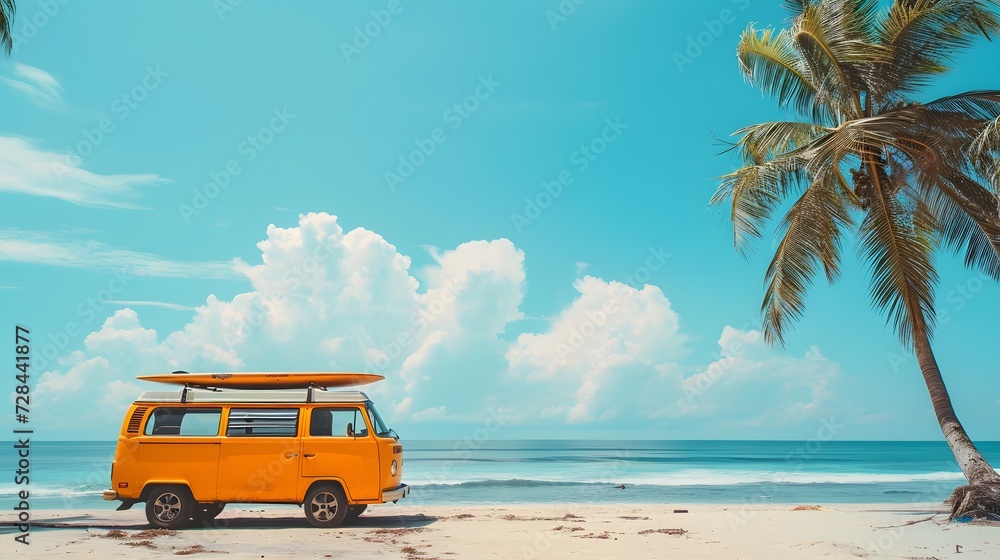 Camper surf van with surfboards and palm trees tropical beach with blue ...