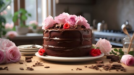 chocolate cake with pink rose 