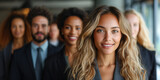 Fototapeta  - Portrait of successful group of business people at modern office looking at camera. Portrait of happy businessmen and satisfied businesswomen standing as a team. Multiethnic group of people smiling.
