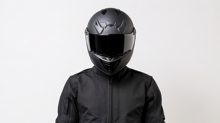 Wall Mural - biker person male black helmet black jacket portrait white background ai visual concept