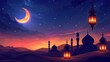 Ramadan holiday, islamic lanterns in the desert, moon in the sky with stars shining bright, islamic concept