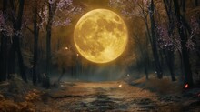 In The Middle Of The Night In The Middle Of The Forest, Surrounded By Trees, And You Can See The Light Of The Moon, The Full Moon, Seamless Looping Time-lapse Animation Video Background  Generated AI