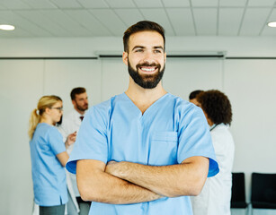 Wall Mural - doctor nurse portrait man hospital group team medical uniform health surgeon adult stethoscope smiling professional clinic medicine male happy female occupation teamwork care