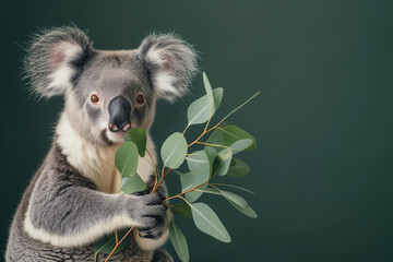 cute koala holds out an eucalyptus isolated on dark green background with copy space