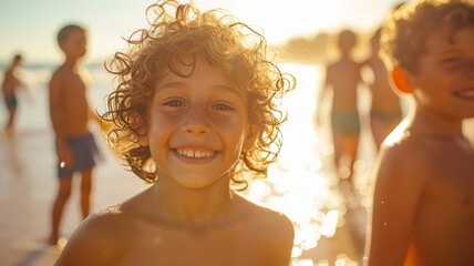 Sticker - Portrait of a curly-haired boy on the shore.