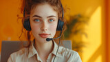 Fototapeta Uliczki - Portrait of a young businesswoman with a headset, ready for a video call, solid orange background. 
