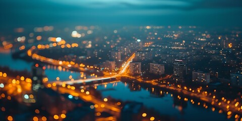 Wall Mural - Evening cityscape with glowing lights and river, bokeh effect. urban background in twilight. high-quality stock image for design use. AI