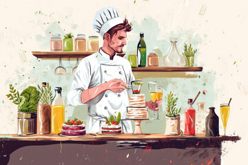 Wall Mural - Professional Chef Cooking Tasty Italian Dish in a Cartoon Kitchen with Fresh Ingredients