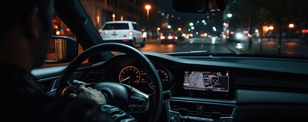 First person view from modern car cockpit with digital car data and driving information.