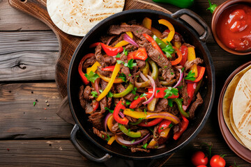 Wall Mural - stir fry beef with colored peppers and onion for Mexican fajitas on wooden table