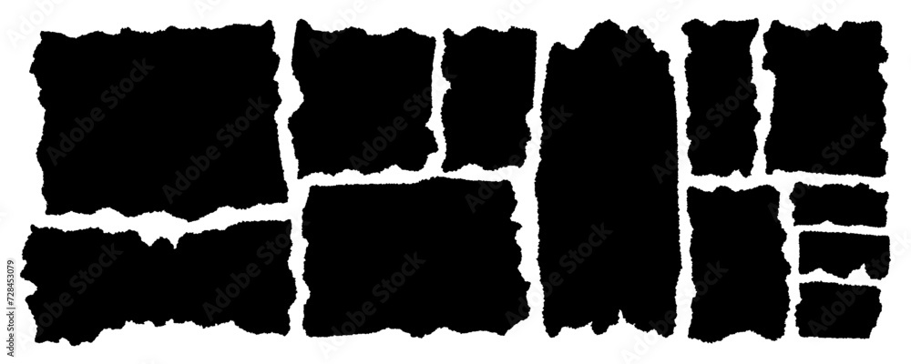 Torn paper pieces set. Black rectangle frames with jagged edges. Ripped ...