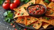 Nachos chips with melted cheese and dips variety in black bowl. Grey stone background