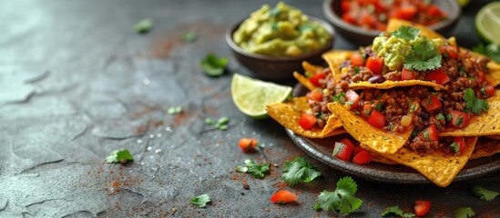 Nachos chips with melted cheese and dips variety in black bowl. Grey stone background