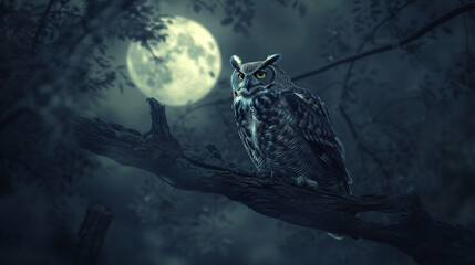 A majestic owl perched silently on an ancient gnarled branch under a full moon, its piercing eyes glowing softly, surveying the dark forest below, embodying the silent guardian of the night