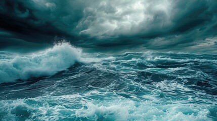 Stormy sky over a turbulent sea. Waves, splashes, storm in ocean