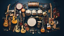 Group Of Musical Instruments Including A Guitar, Drum, Keyboard, Tambourine. Top View
