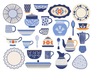 Wall Mural - Kitchen ceramic. Dining utensil. Patterned dishes. Porcelain cup or jug. Tableware ornament. Bowl and plate. Household cooking spoon. Teapot and glass mug. Vector cartoon crockery set