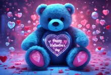 A Blue Teddy Bear With A Cute Face Holds A Red Rose Between Its Paws With A Beautiful Pink Background. Happy Valentine's Day.