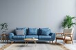 Blue sofa and beige recliner chair against grey wall with copy space. Scandinavian, minimalist home interior design of modern living room.