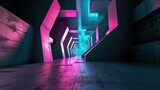 Fototapeta Do przedpokoju - A futuristic corridor with neon lights casting a pink and turquoise glow on concrete walls. AI generative