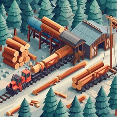 Wall Mural - Project teamwork at sawmills. isometric illustration