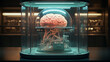 Human brain in a glass jar in a science laboratory future. AI concept