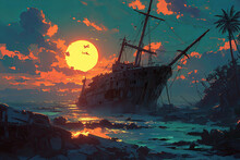 Sunset Casts Warm Glow On Vintage Shipwreck, Inspired By Anime