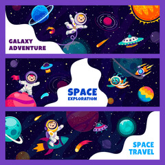 Wall Mural - kids astronauts at starry galaxy landscape. space travel banners with cartoon spaceman and alien cha