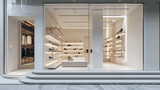 Fototapeta Uliczki - A chic, luxury footwear boutique with a clean, white facade and spotlighted display windows 