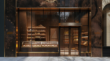 Wall Mural - A high-end gourmet chocolate shop with a decadent, brown facade and gold leaf detailing 