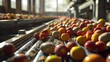 Hyperrealistic portrayal of a conveyor belt system efficiently handling a variety of stone fruits, emphasizing detailed textures and smooth transitions