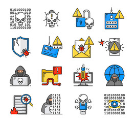 Leinwandbilder - Cyber attack line icons, hackers crime and computer security fraud or internet phishing, vector symbols. Cyber attack with web bug virus and digital password code, computer data cyber crime hacker