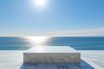 Wall Mural - White marble square podium with sea view on a sunny summer day in the background. High quality photo