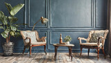 Fototapeta  - Living room with dark blue walls and old retro furniture in hipster style