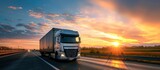 Fototapeta  - Heavy duty container logistics truck transportation on the road with sunset background. AI generated