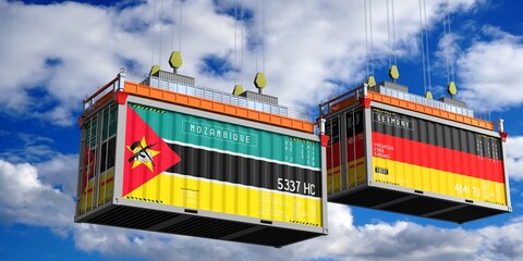 Shipping containers with flags of Mozambique and Germany - 3D illustration