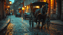 A Horse-drawn Carriage On A Cobblestone Street In A Historic City, A Nod To Timeless Elegance. 