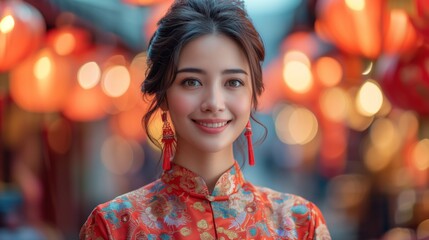 Wall Mural - Radiant woman in traditional cheongsam dress, with red lanterns in background, symbolizing festivity. Elegant lady adorned with red tassel earrings, joyous expression celebrating Chinese New Year.