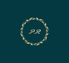 Handwritten golden PR getters logo with a minimalist design. letter PR logo manual elegant minimalist signature logotype. PR letter consist of intertwined elements into circle.