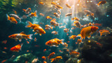 beautiful koi fishes in underwater with the sunlight penetration