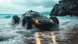 An amphibious vehicle emerging from the water onto a secluded beach, blurring the lines between land and sea. 