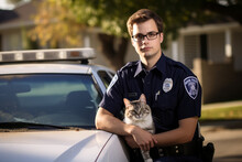 Portrait Of A Compassionate Animal Control Officer Holding A Saved Stray Cat In A Suburban Setting