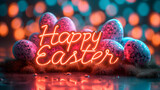 Fototapeta Perspektywa 3d - Happy Easter Neon lettering on bokeh background with easter eggs, 3D rendering