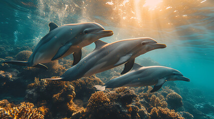 group of dolphins in underwater with the sunlight penetration