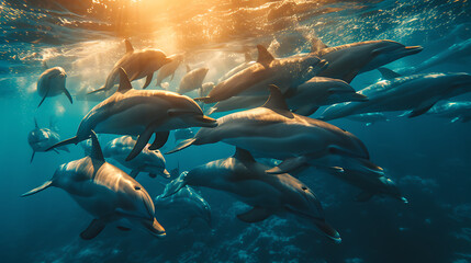 group of dolphins in underwater with the sunlight penetration