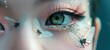 whimsical pretty woman eyes with butterfly and glitter glow diamond dust make up, green pink tone,  naive  look, Generative Ai